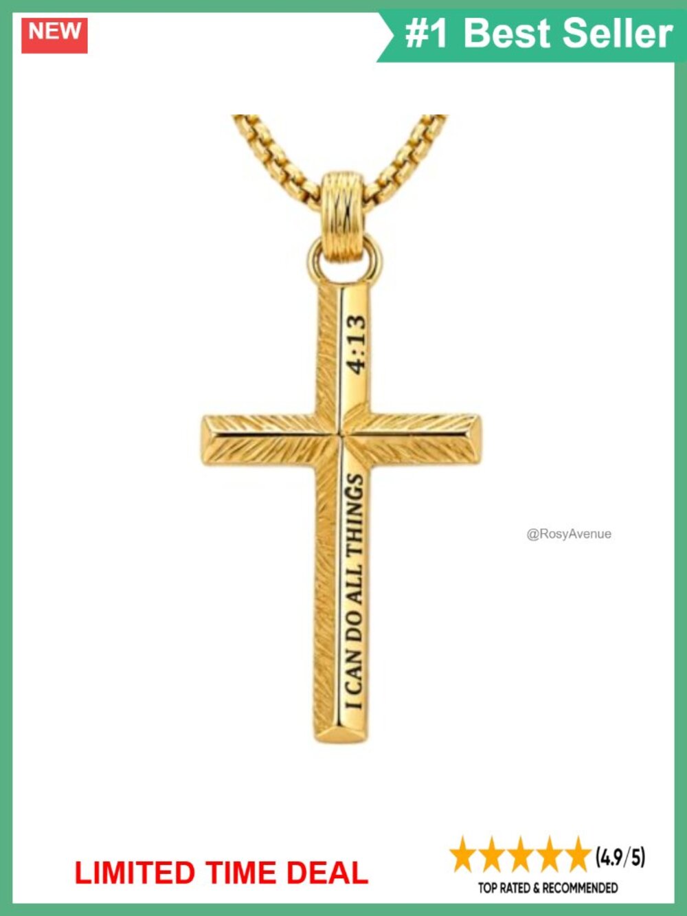 14K Gold Plated Cross Pendant Necklace 20" Adjustable Link Chain